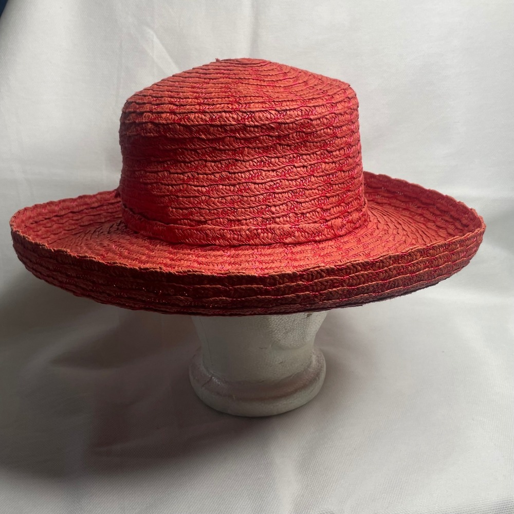 Vintage Betmar New York Wide Brim Straw Paper Hat Adult OSFM Peach Red Ribbon